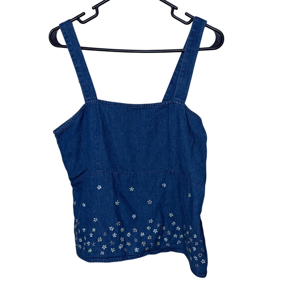 Anchor Blue Vintage Denim Floral Embroidered Tank Top M Blue 90s